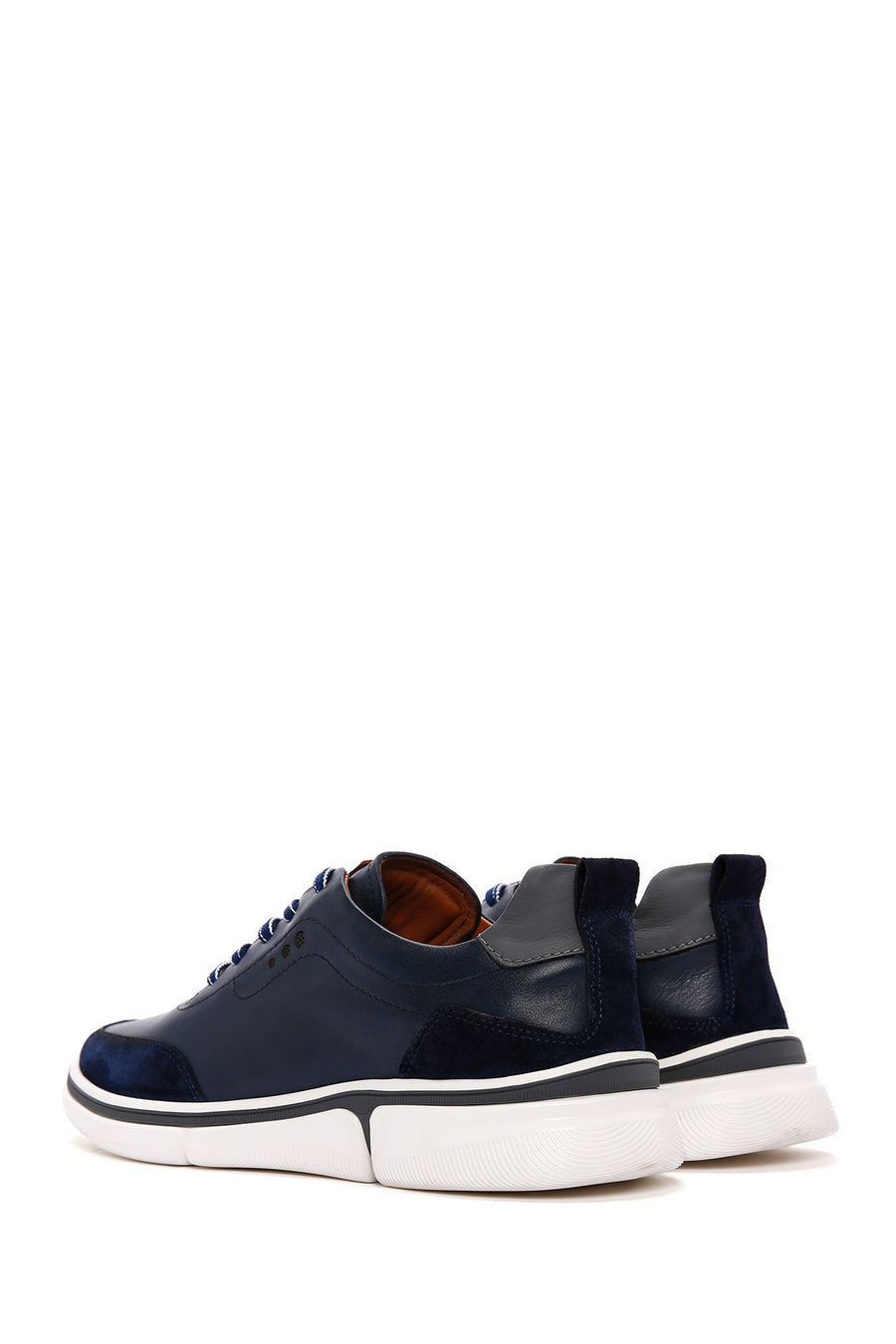 Erkek Lacivert Bağcıklı Kalın Tabanlı Deri Sneaker
