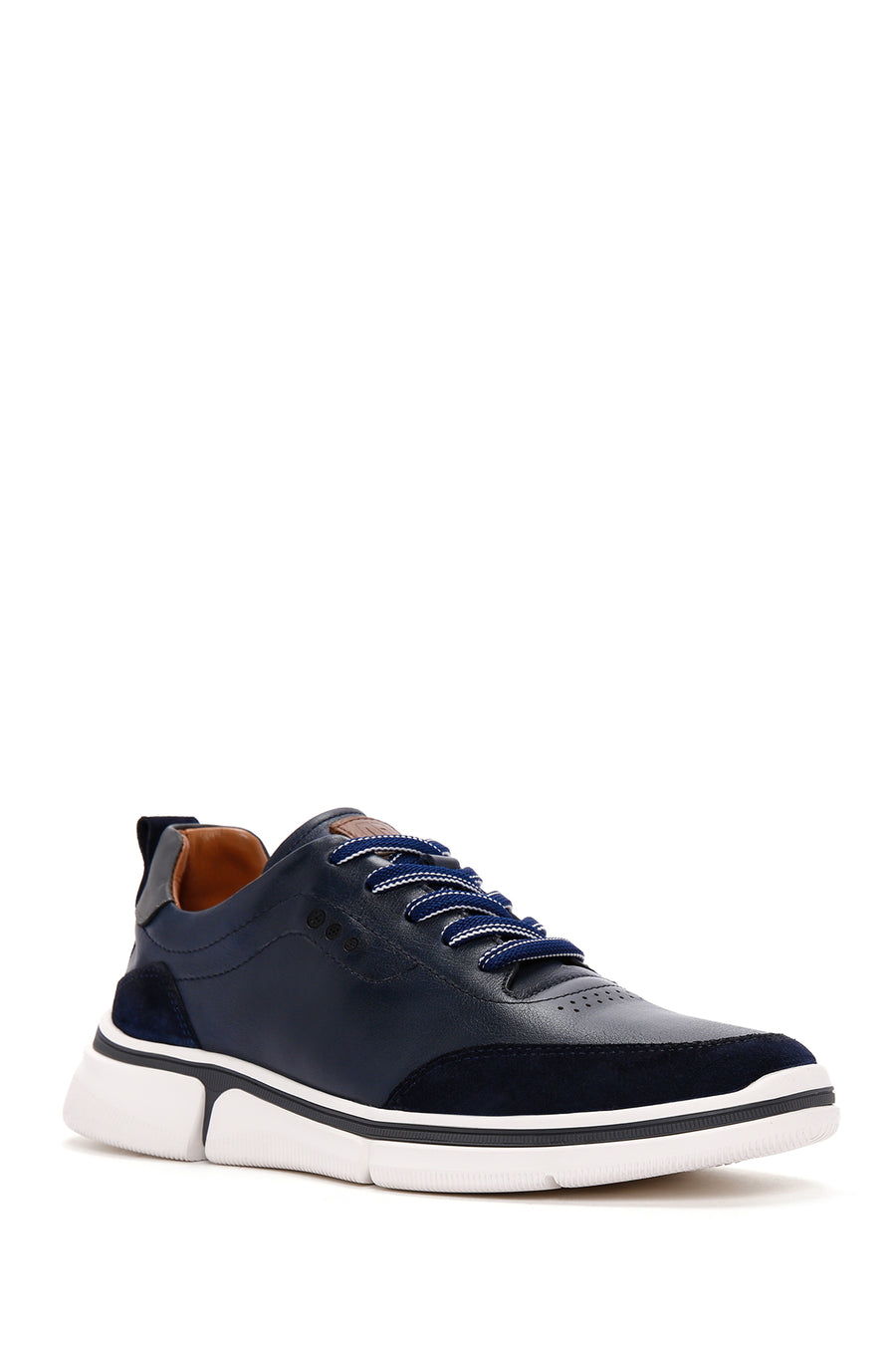 Erkek Lacivert Bağcıklı Kalın Tabanlı Deri Sneaker