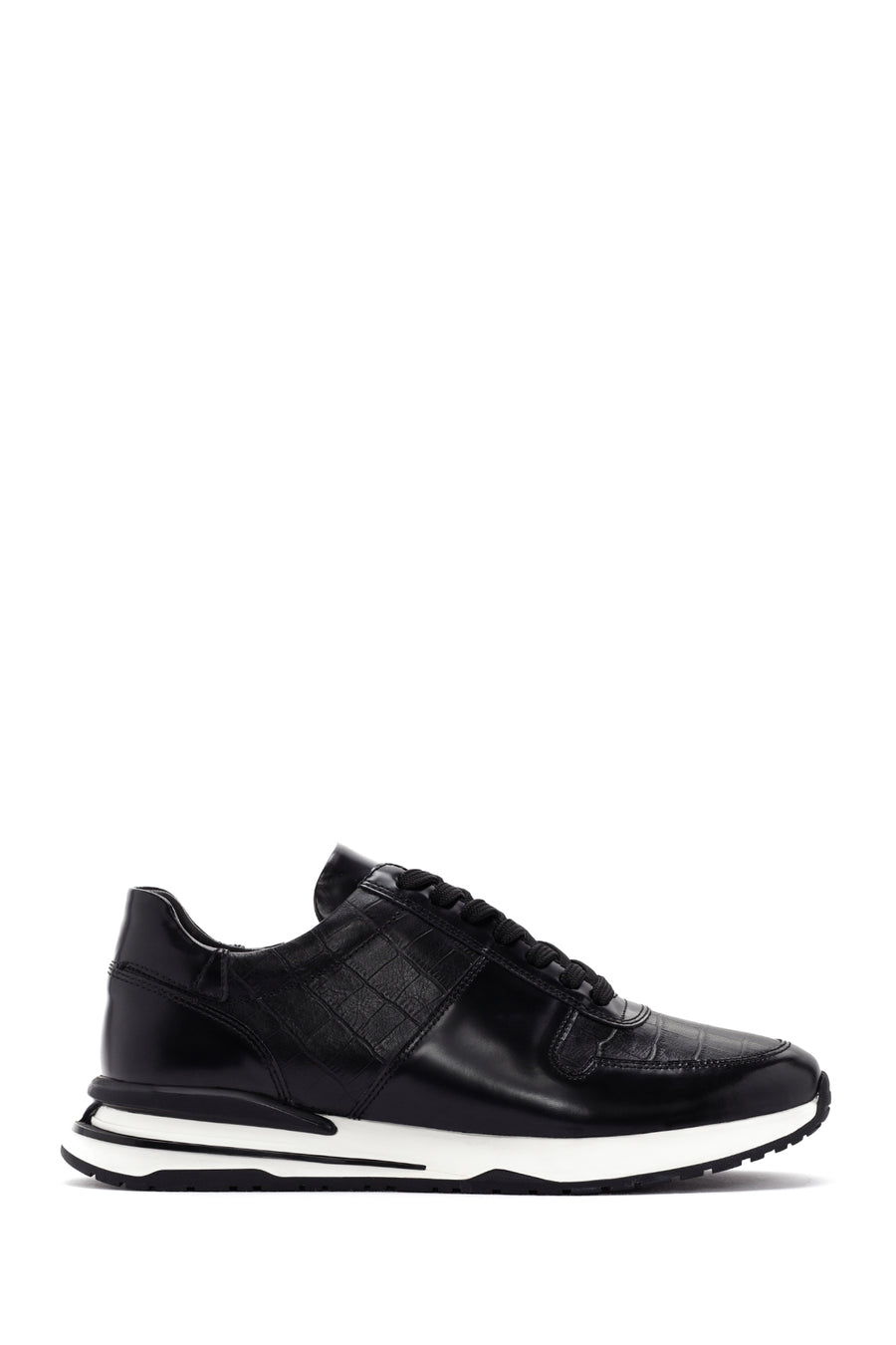 Erkek Siyah Kroko Desenli Bağcıklı Kalın Tabanlı Deri Sneaker 24SFD6412E3 | Derimod