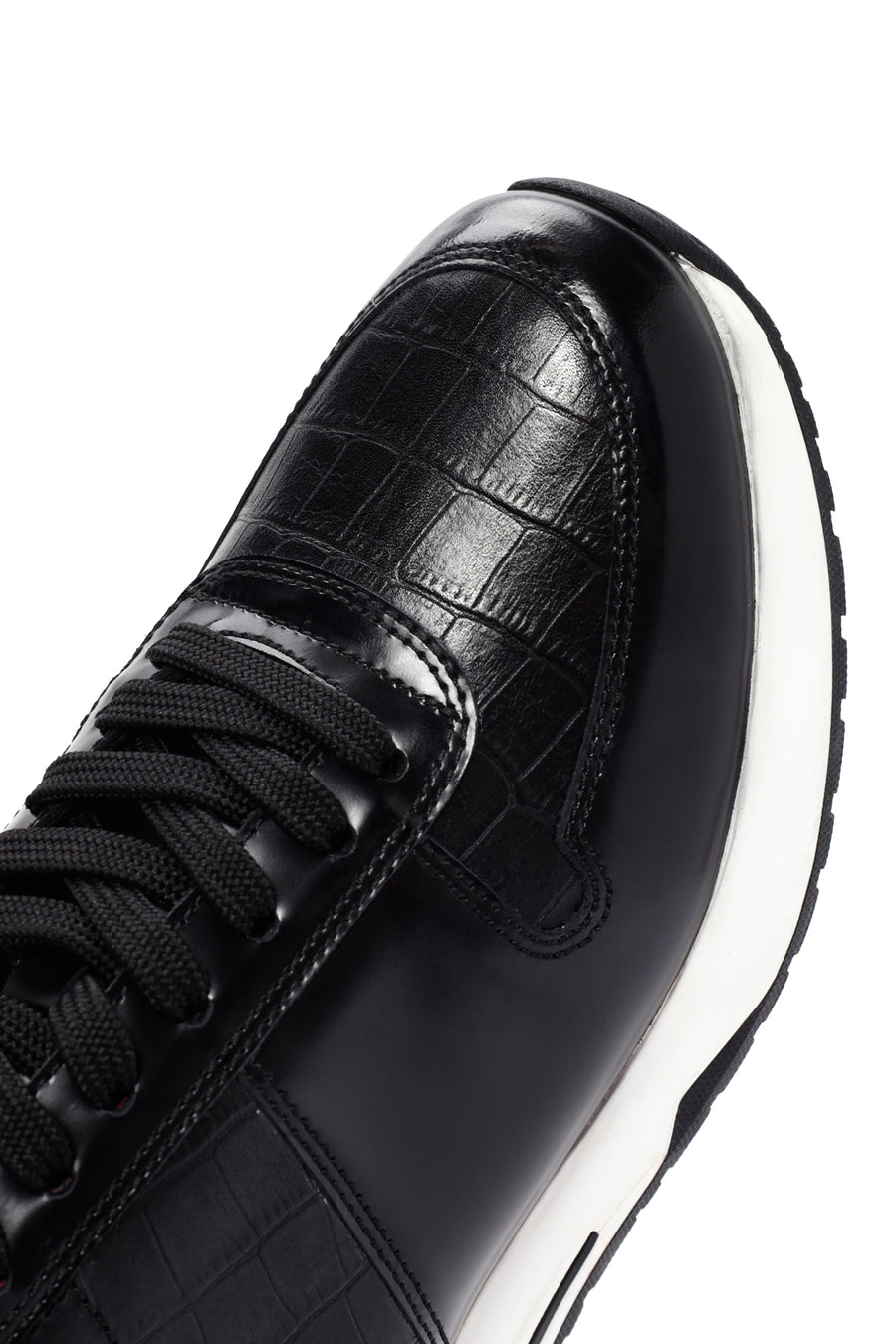 Erkek Siyah Kroko Desenli Bağcıklı Kalın Tabanlı Deri Sneaker
