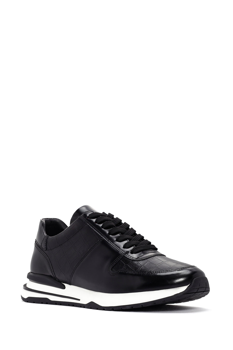 Erkek Siyah Kroko Desenli Bağcıklı Kalın Tabanlı Deri Sneaker