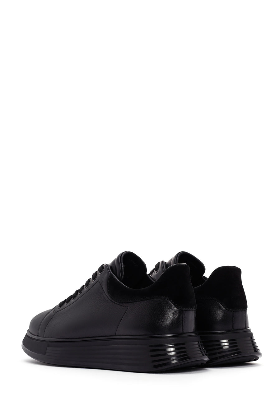 Erkek Siyah Bağcıklı Kalın Tabanlı Deri Sneaker