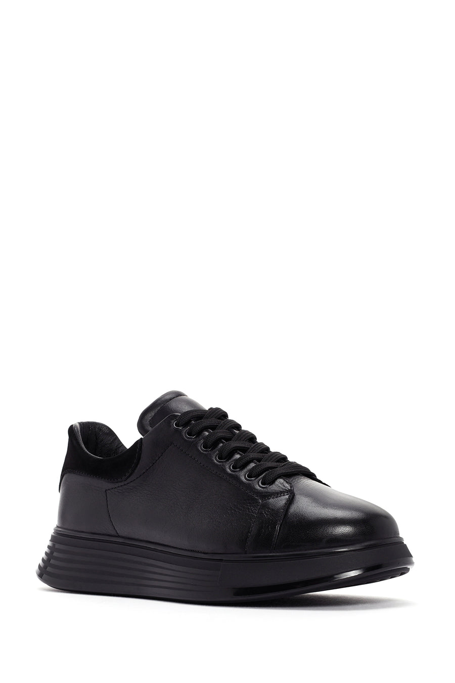 Erkek Siyah Bağcıklı Kalın Tabanlı Deri Sneaker