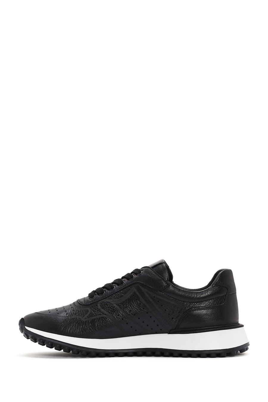 Erkek Siyah Bağcıklı Kalın Tabanlı Deri Sneaker