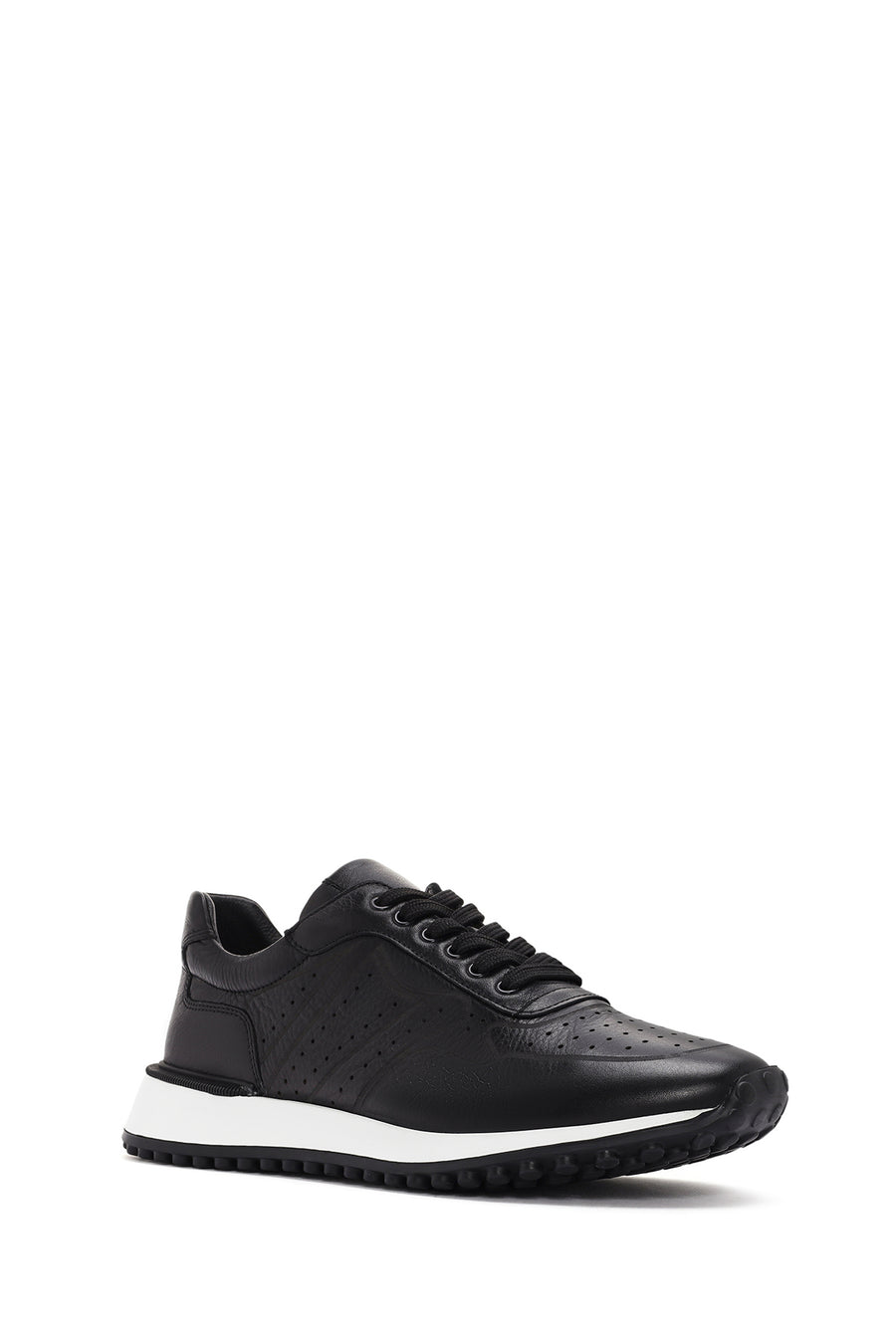 Erkek Siyah Bağcıklı Kalın Tabanlı Deri Sneaker