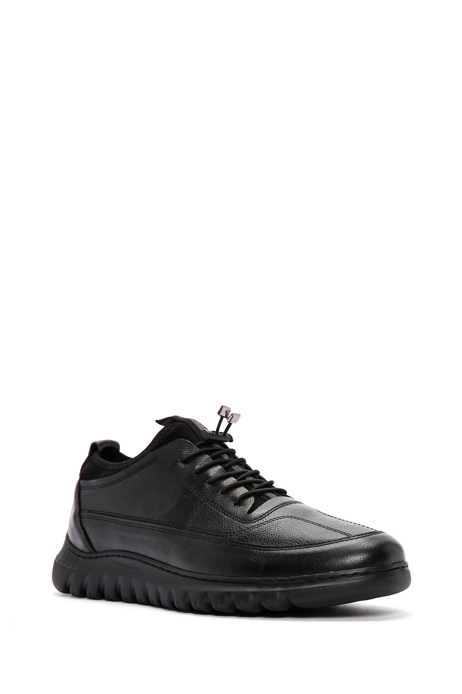 Erkek Siyah Bağcıklı Deri Casual Sneaker
