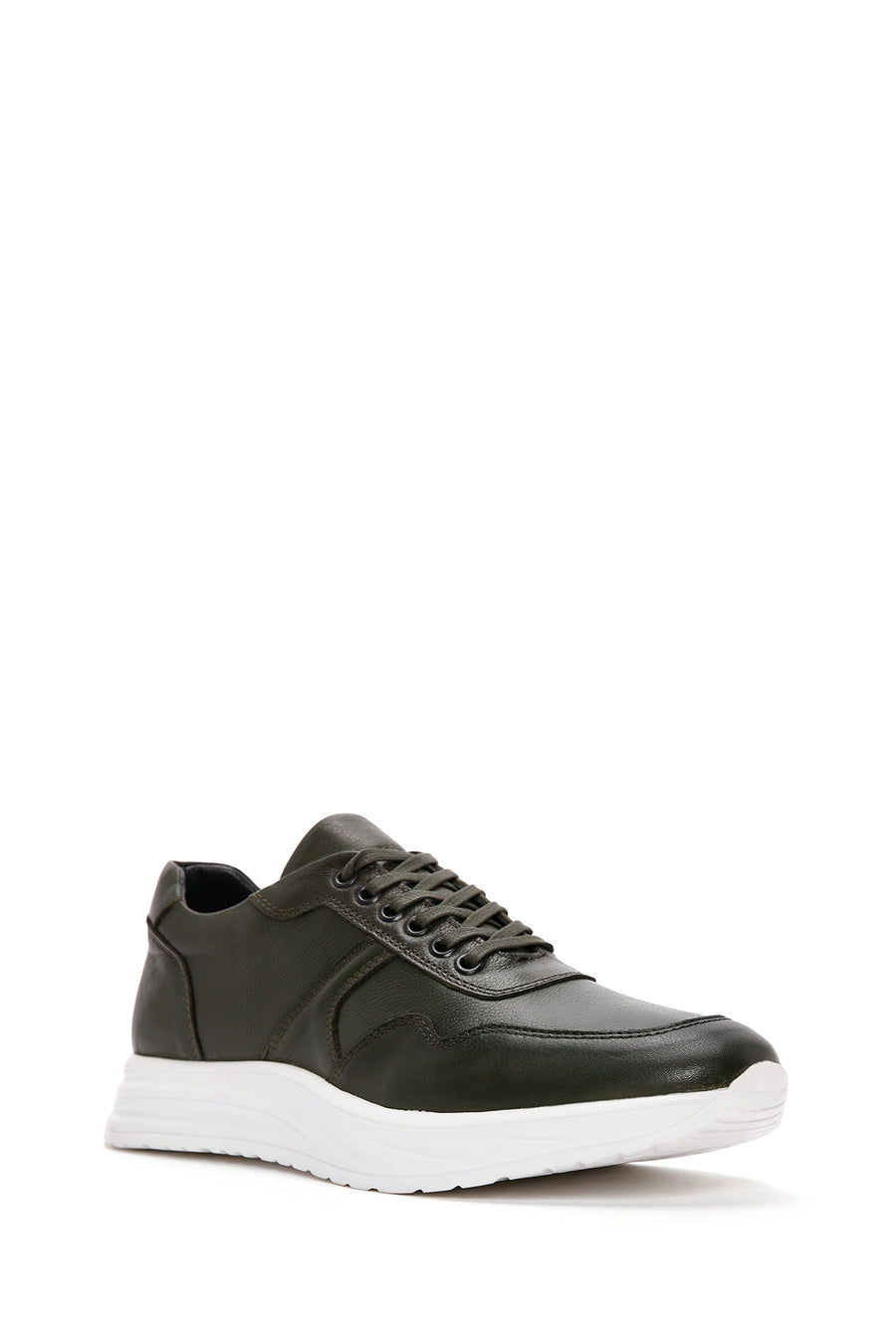 Men's Khaki Lace-up Thick-Sole Leather Sneaker