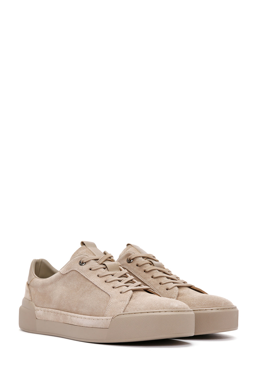 Erkek Bej Bağcıklı Deri Sneaker