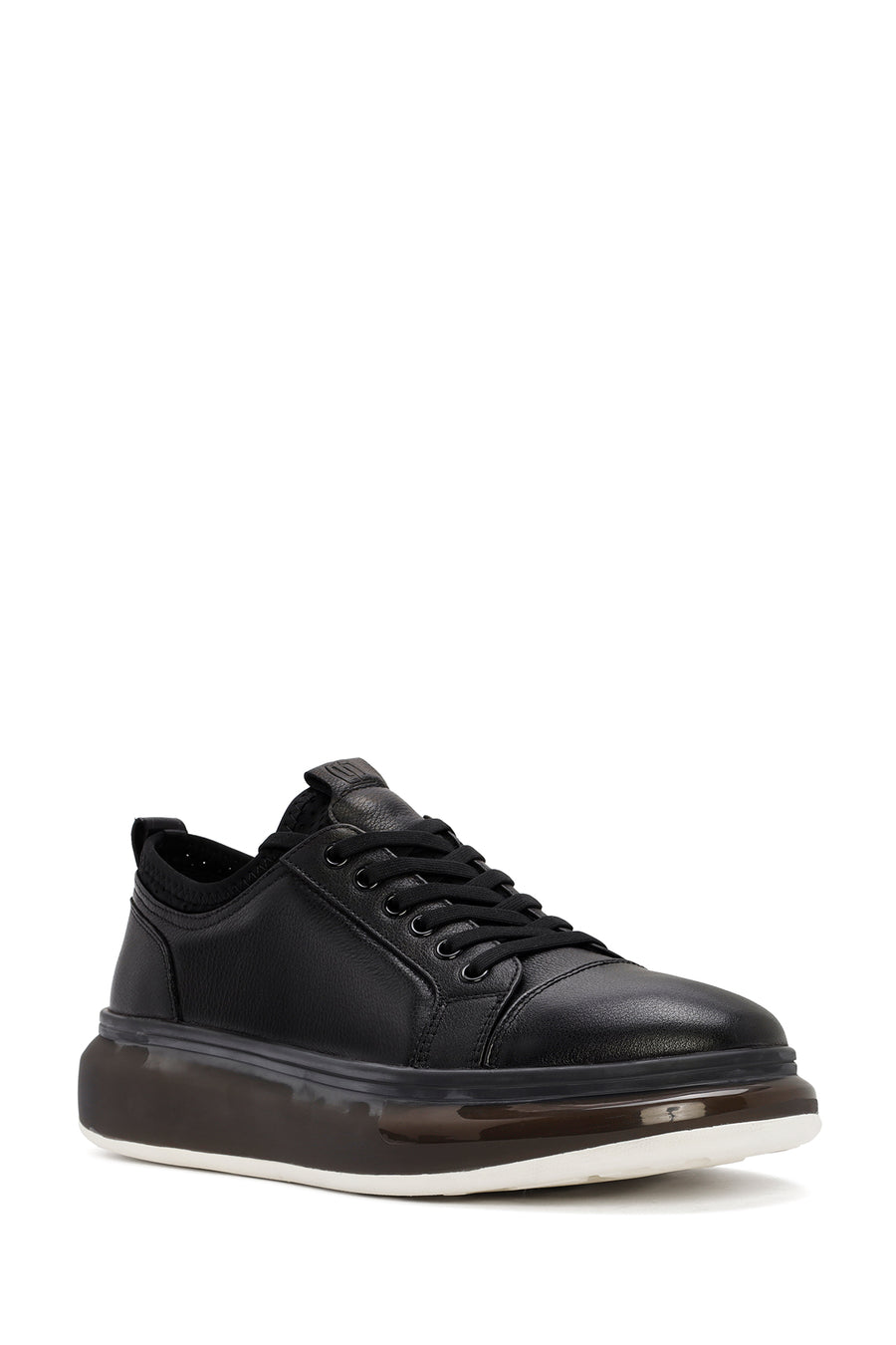 Erkek Siyah Kalın Tabanlı Bağcıklı Deri Sneaker