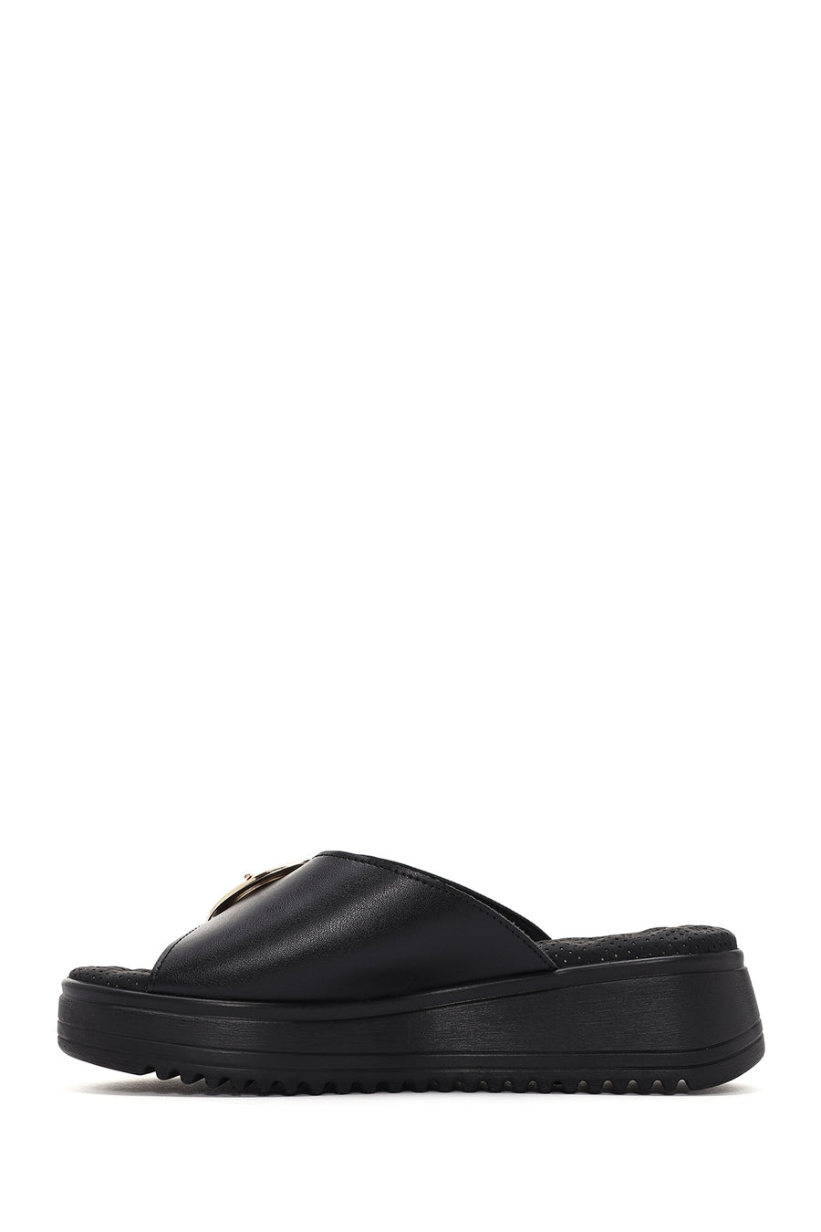 Women Black Thick Sole Buckle Detail Comfort Slippers