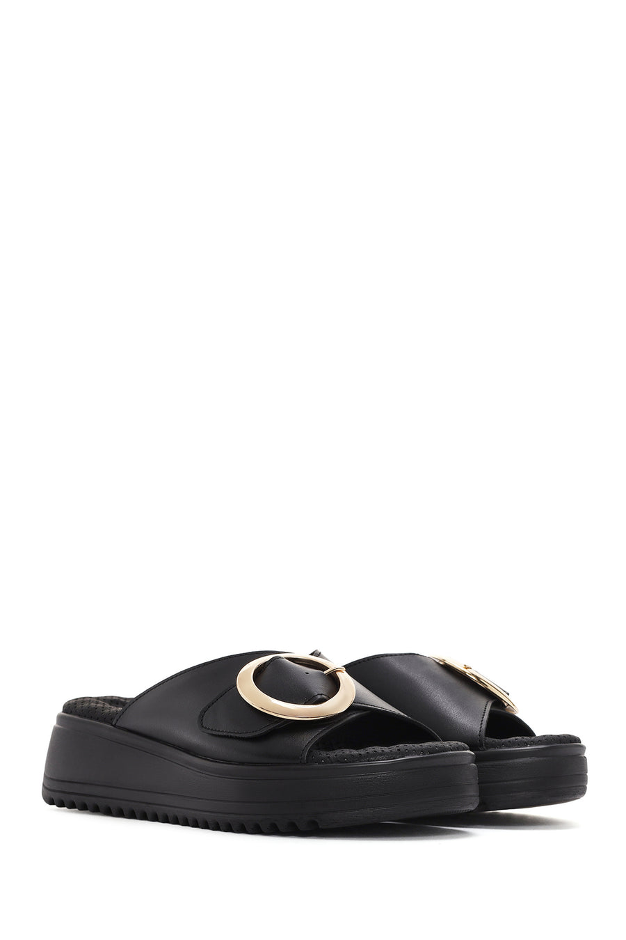 Women Black Thick Sole Buckle Detail Comfort Slippers