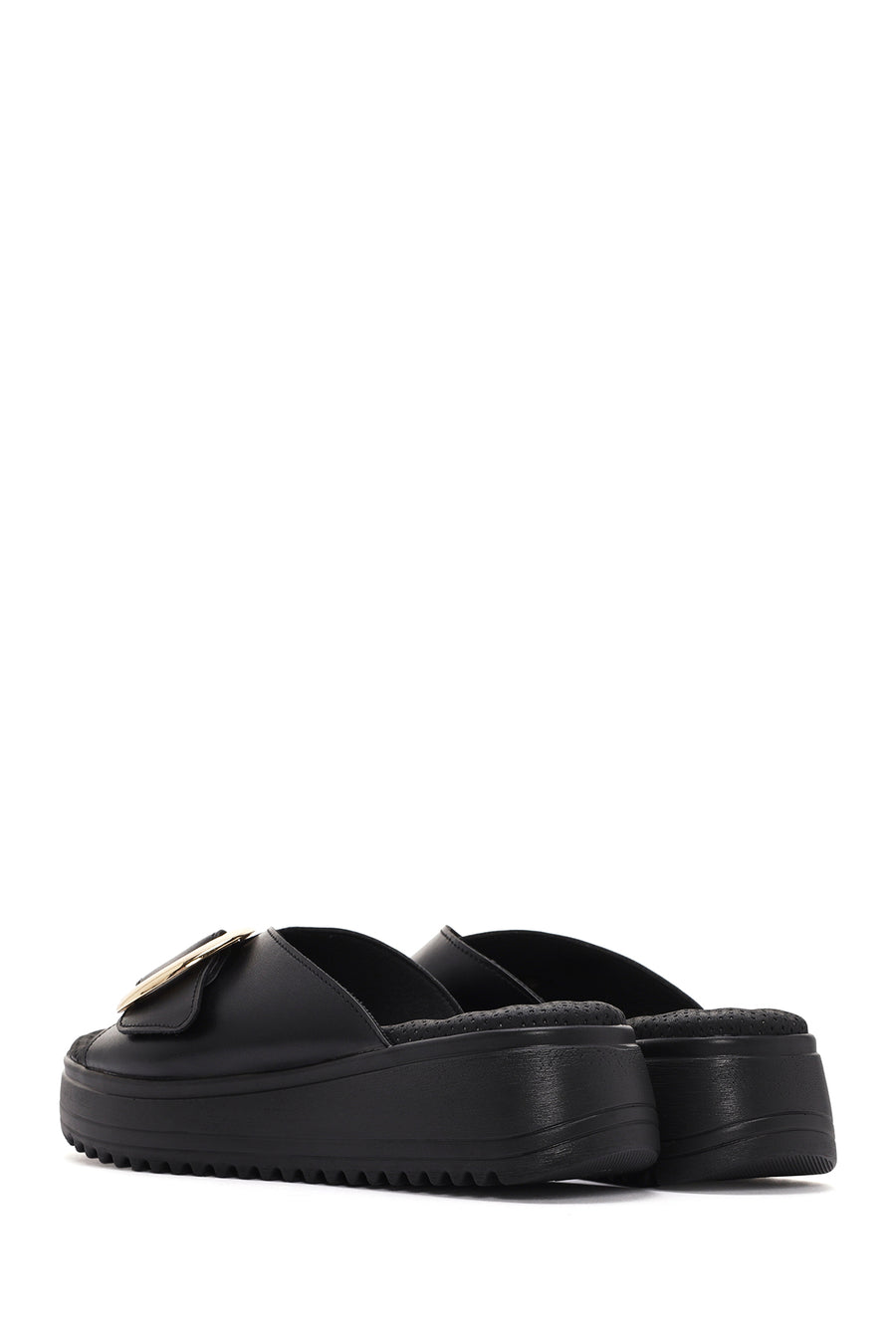 Women Black Thick Sole Buckle Detail Comfort Slippers