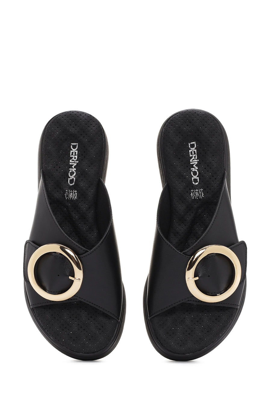 Women Black Thick Sole Buckle Detail Comfort Slippers