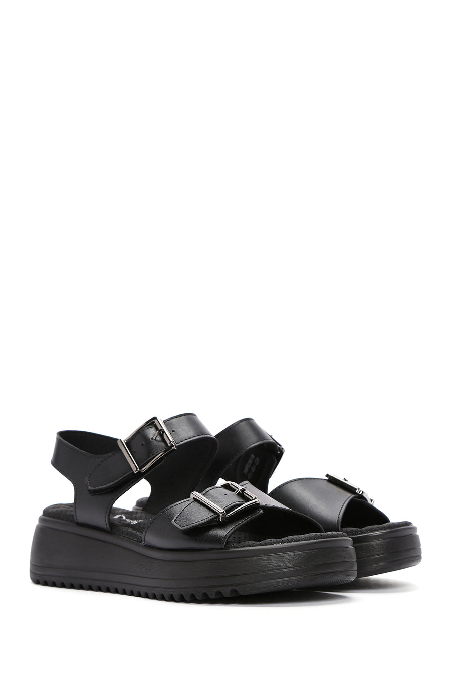 Women's Black Thick Sole Comfort Sandals with Ankle Strap
