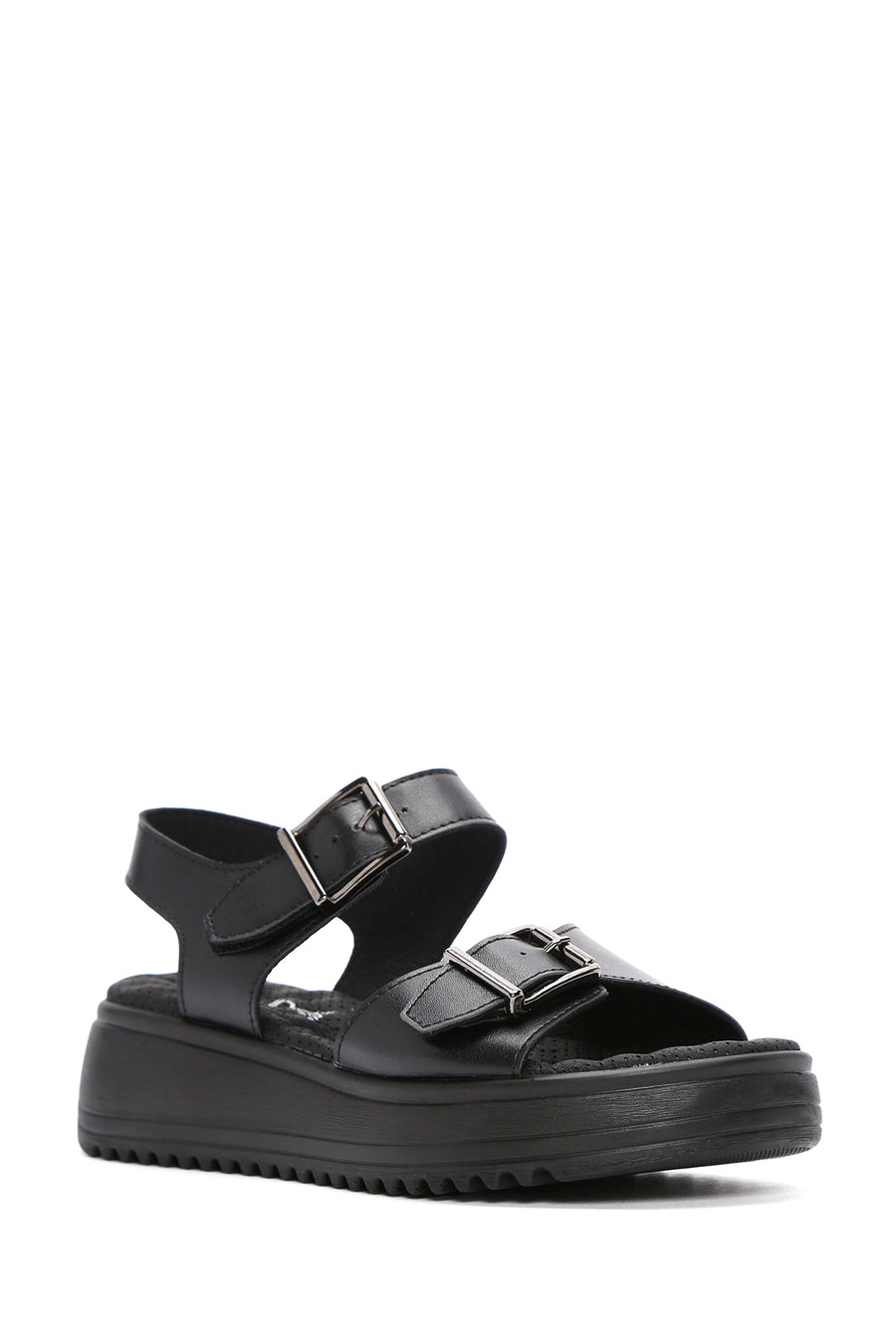 Women's Black Thick Sole Comfort Sandals with Ankle Strap
