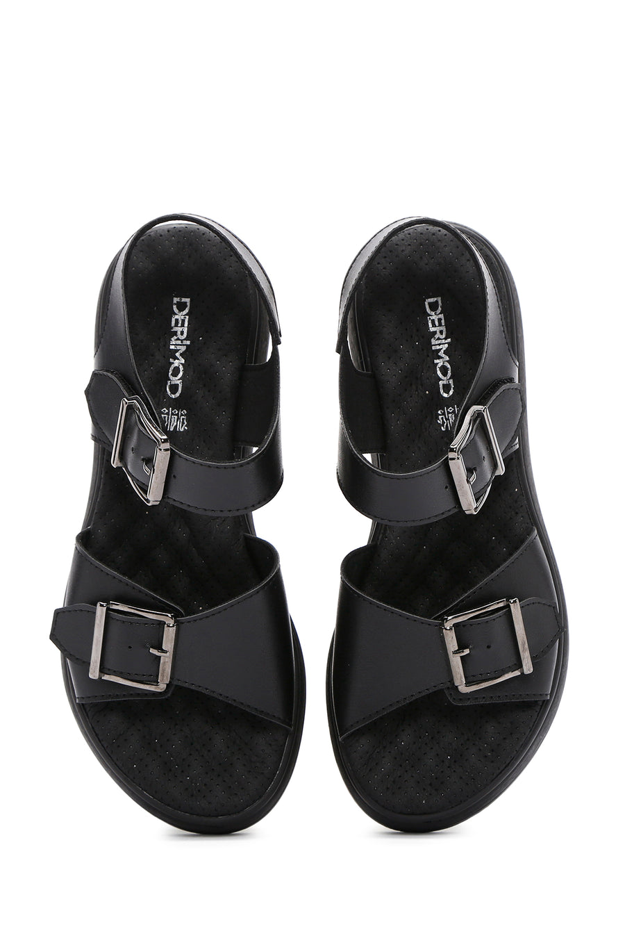 Women's Black Thick Sole Comfort Sandals with Ankle Strap