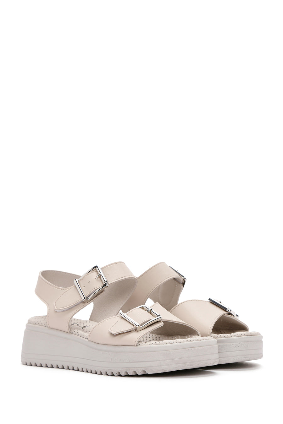 Women's Cream Thick-Soled Comfort Sandals with Ankle Strap