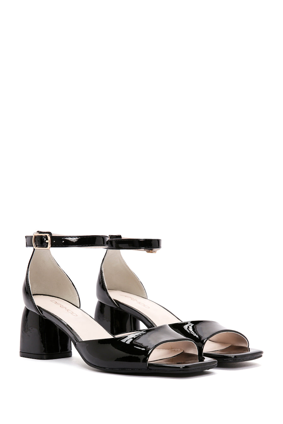 Women's Black Ankle Strap Heeled Patent Leather Shoes