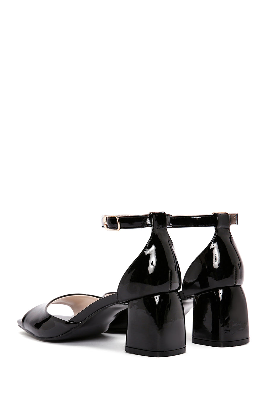 Women's Black Ankle Strap Heeled Patent Leather Shoes