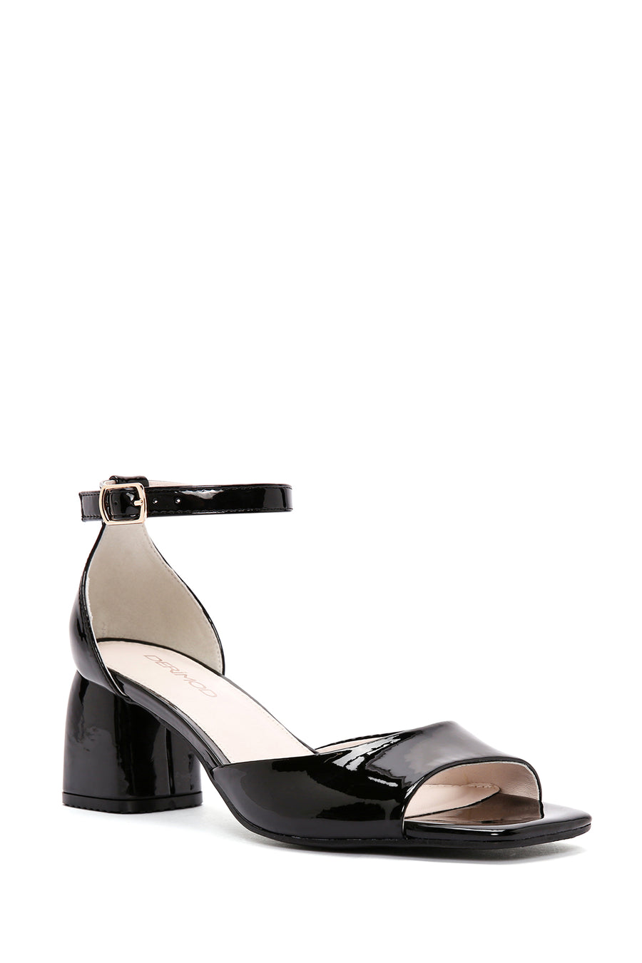 Women's Black Ankle Strap Heeled Patent Leather Shoes