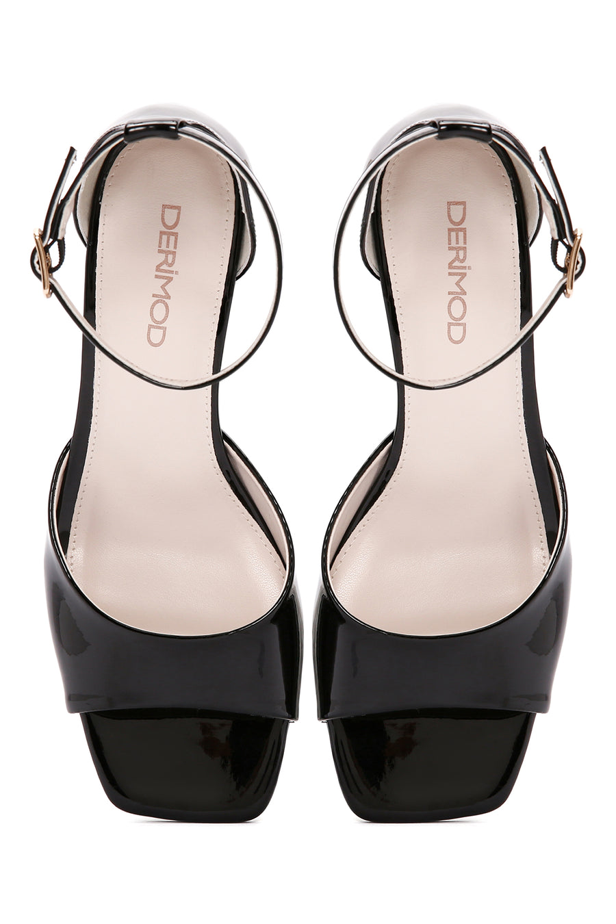 Women's Black Ankle Strap Heeled Patent Leather Shoes