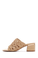 Women's Beige Heeled Woven Patterned Slippers | Derimod