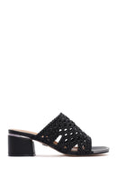 Women's Black Heeled Woven Patterned Slippers | Derimod
