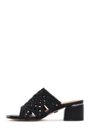 Women's Black Heeled Woven Patterned Slippers | Derimod
