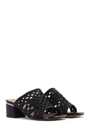 Women's Black Heeled Woven Patterned Slippers | Derimod