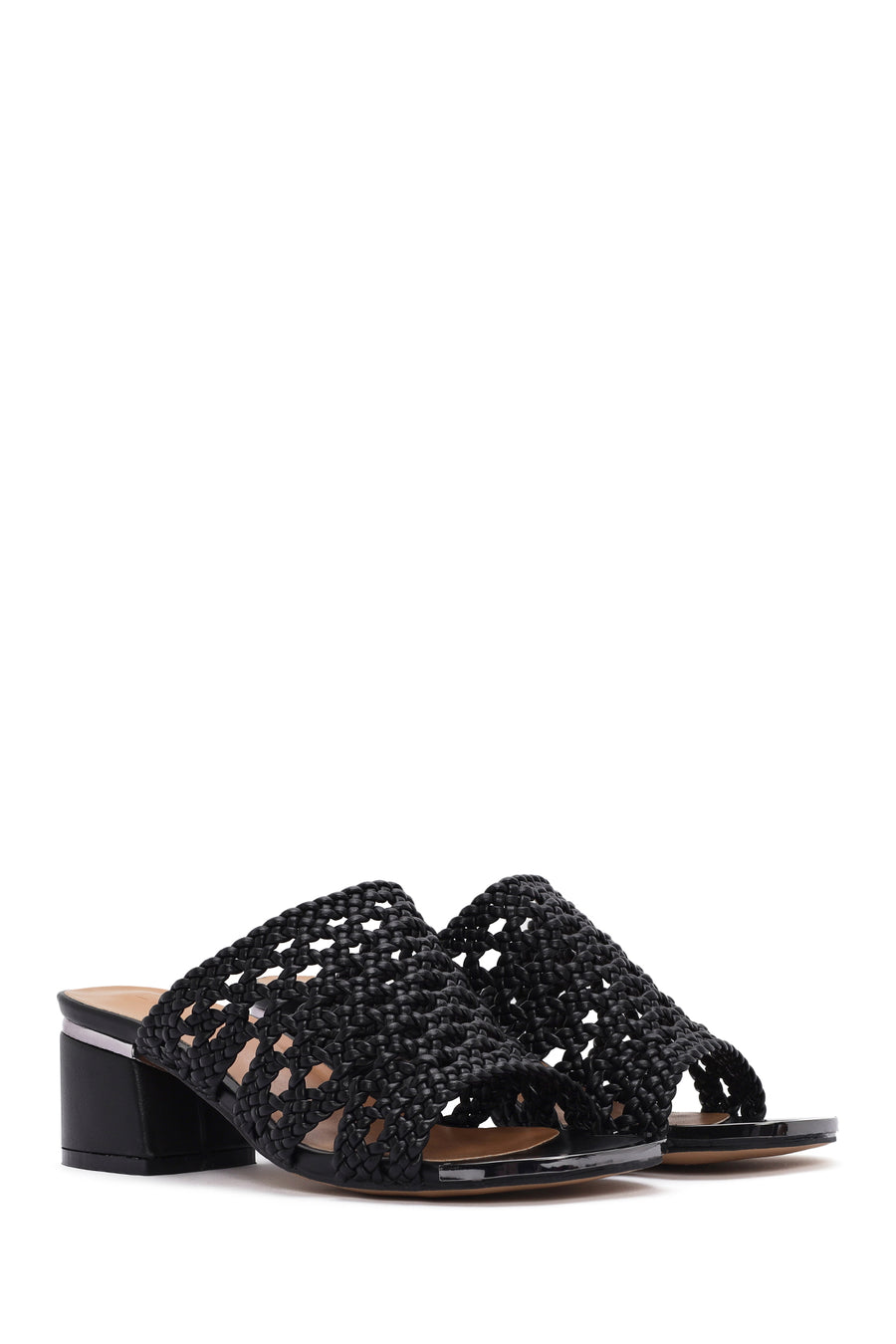 Women's Black Heeled Woven Patterned Slippers