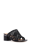 Women's Black Heeled Woven Patterned Slippers | Derimod