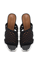 Women's Black Heeled Woven Patterned Slippers | Derimod