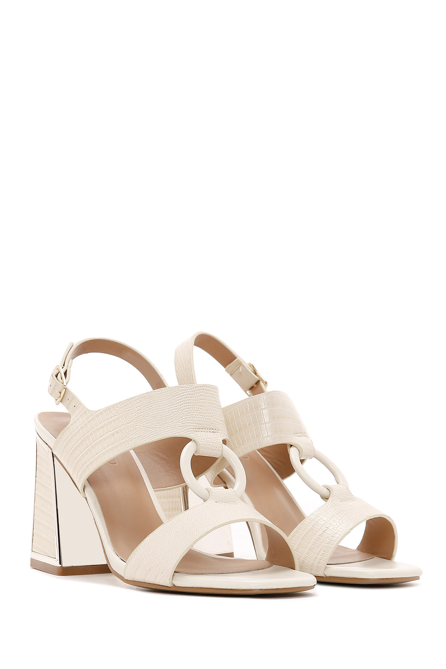 Women's Beige Ankle Strap Heeled Sandals