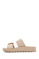 Women's Beige Stone Double Buckle Thick Sole Comfort Slippers | Derimod