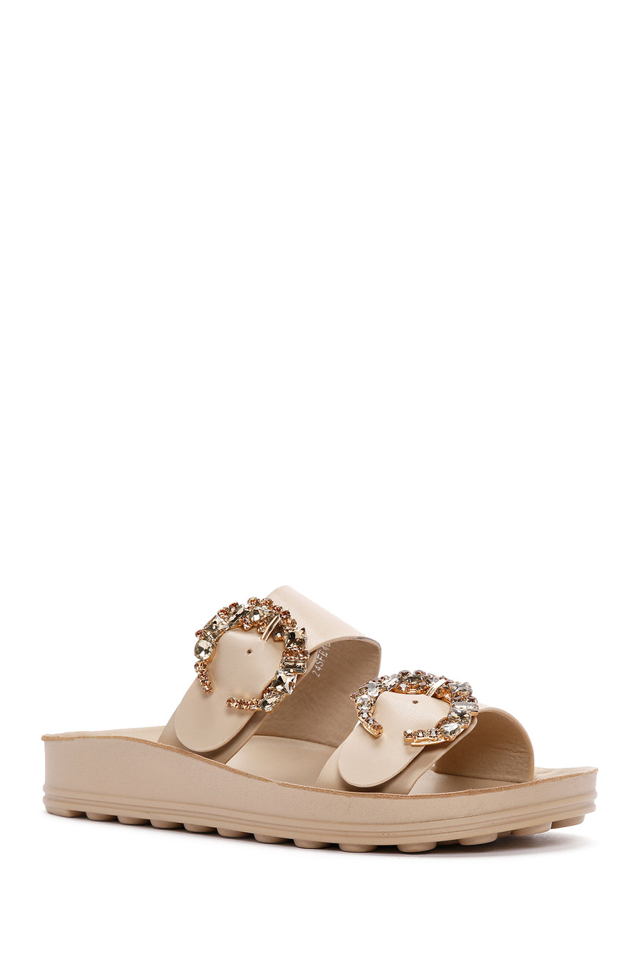 Women's Beige Stone Double Buckle Thick Sole Comfort Slippers