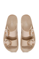 Women's Beige Stone Double Buckle Thick Sole Comfort Slippers | Derimod