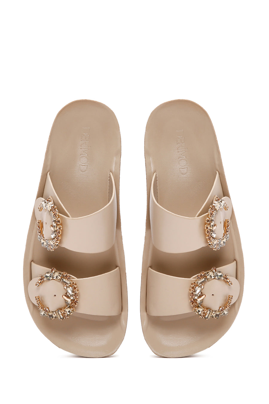 Women's Beige Stone Double Buckle Thick Sole Comfort Slippers
