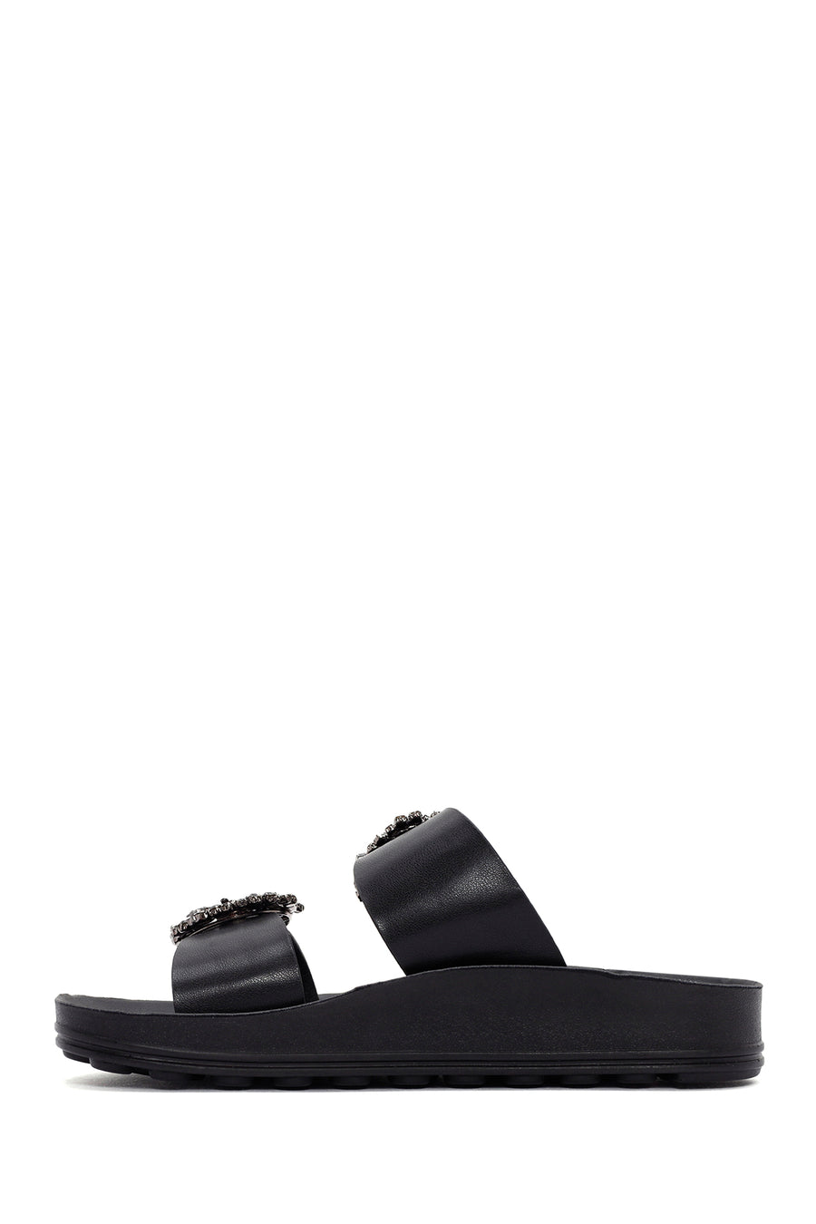 Women's Black Stone Double Buckle Thick Sole Comfort Slippers
