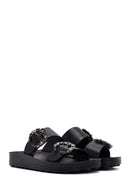 Women's Black Stone Double Buckle Thick Sole Comfort Slippers | Derimod