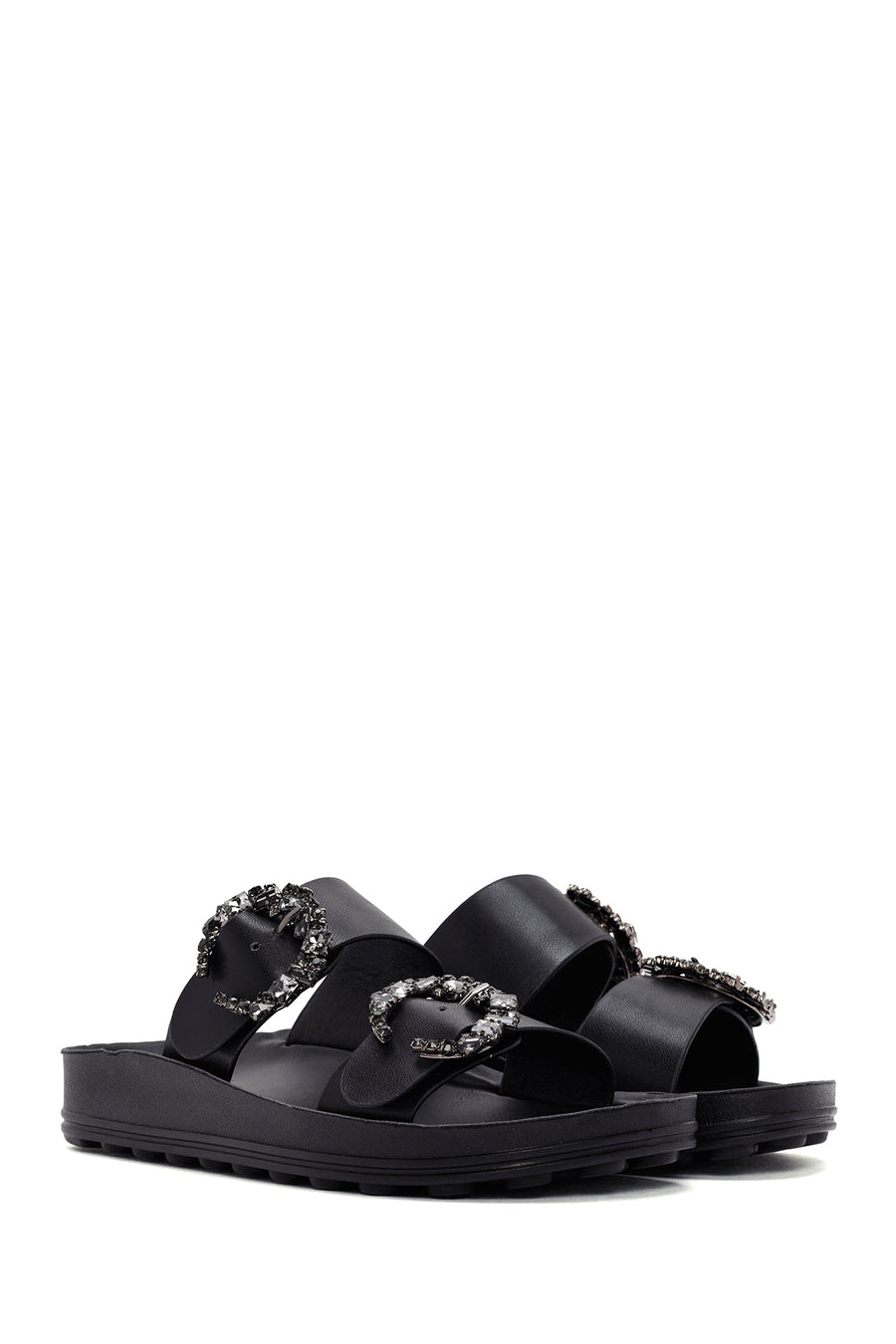Women's Black Stone Double Buckle Thick Sole Comfort Slippers