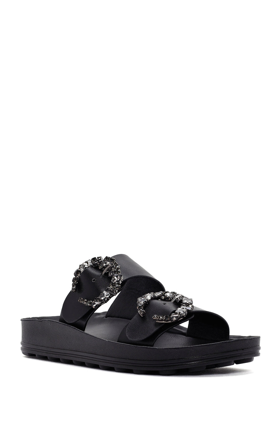 Women's Black Stone Double Buckle Thick Sole Comfort Slippers