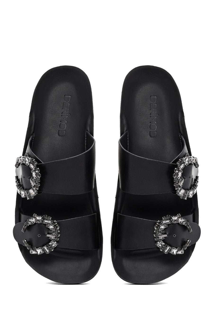 Women's Black Stone Double Buckle Thick Sole Comfort Slippers