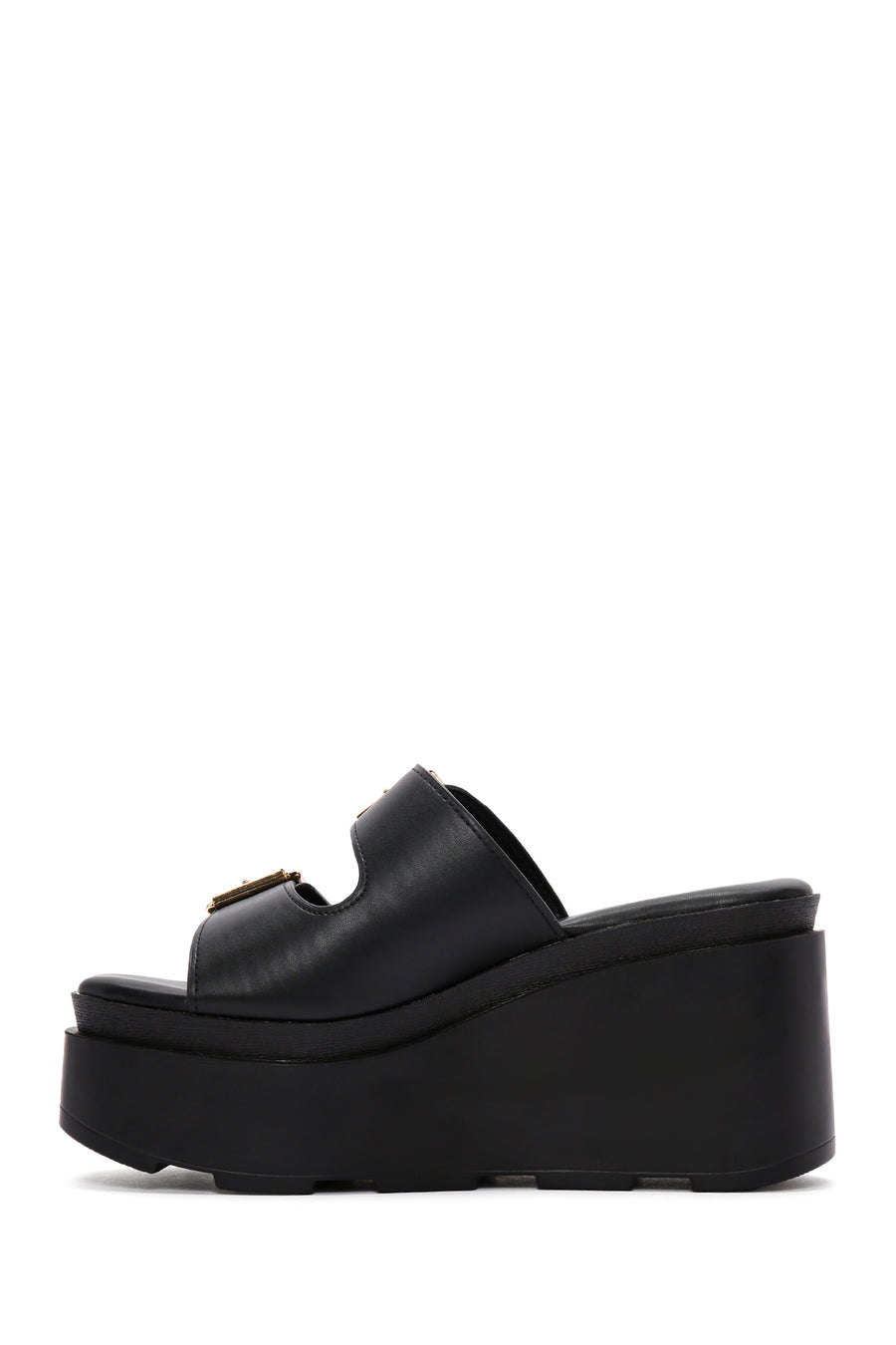 Women's Black Double Buckle Wedge Heeled Slippers