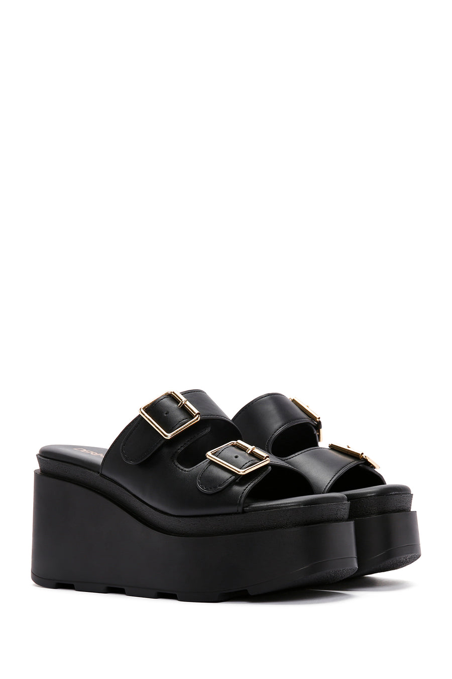 Women's Black Double Buckle Wedge Heeled Slippers