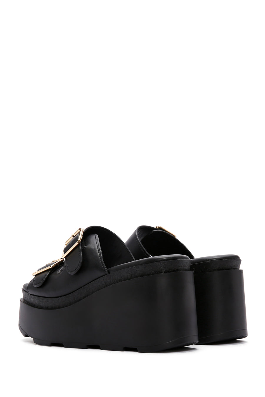 Women's Black Double Buckle Wedge Heeled Slippers
