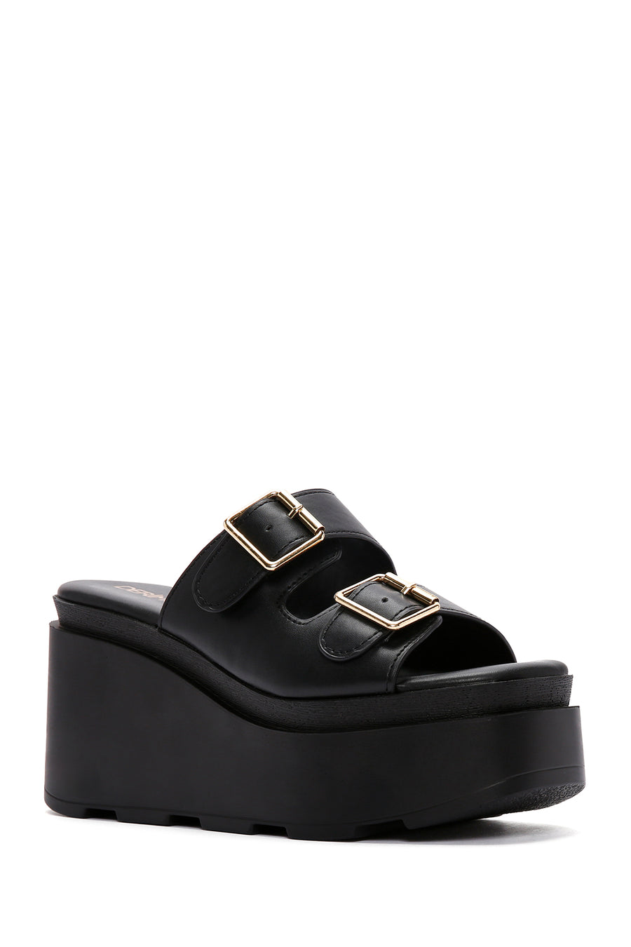 Women's Black Double Buckle Wedge Heeled Slippers