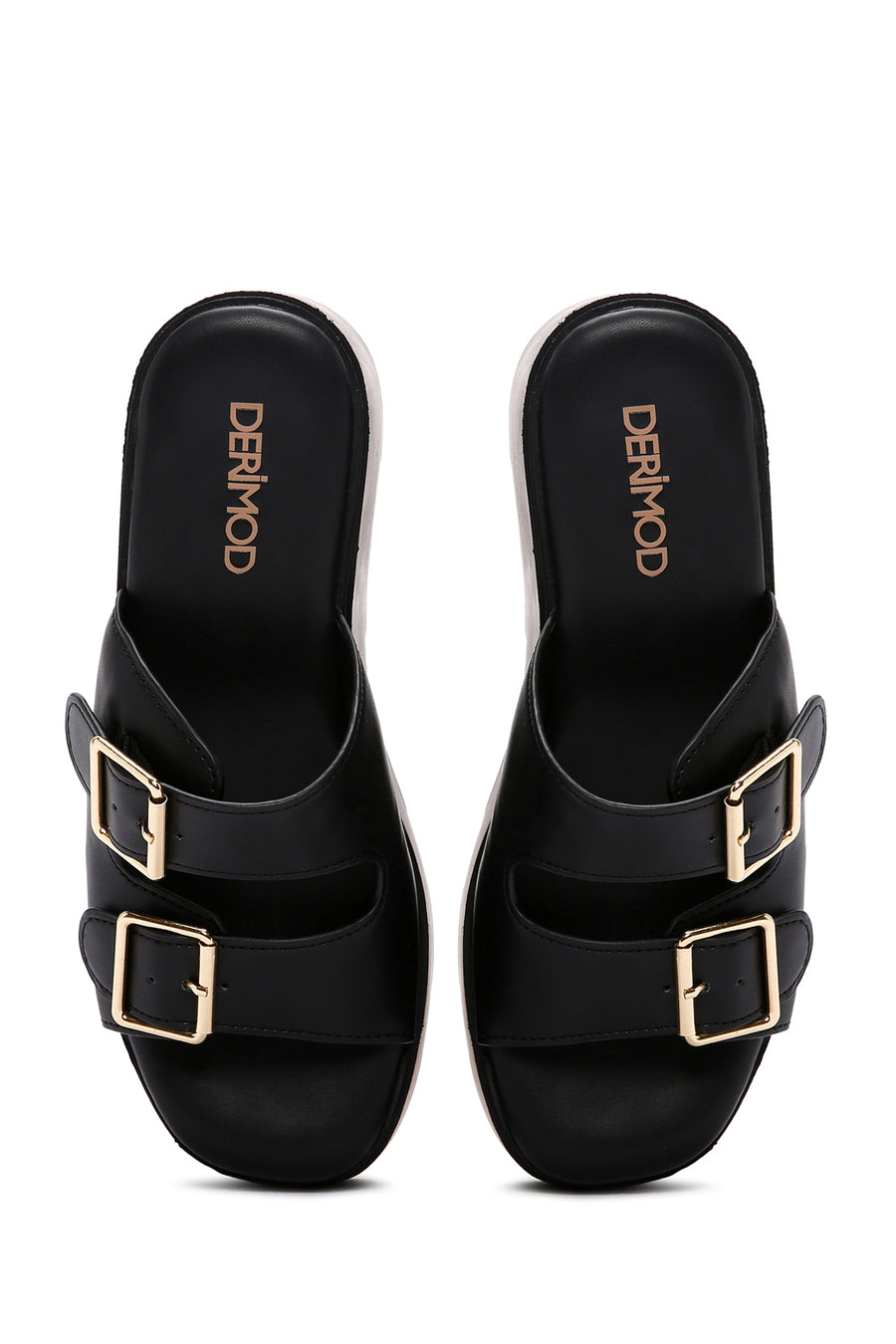 Women's Black Double Buckle Wedge Heeled Slippers