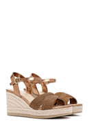 Women's Bronze Ankle Strap Wedge Heeled Straw Sandals | Derimod