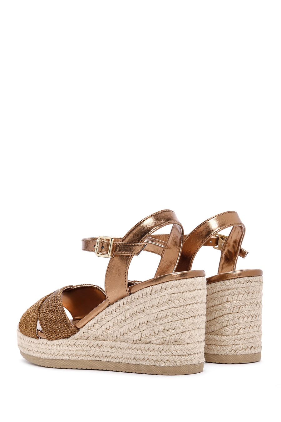 Women's Bronze Ankle Strap Wedge Heeled Straw Sandals