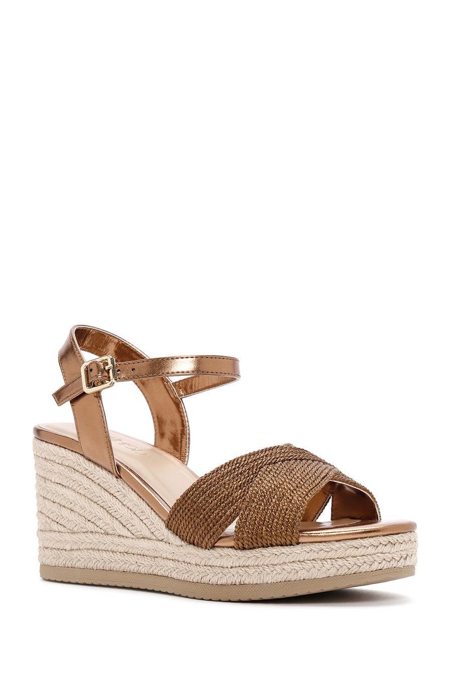 Women's Bronze Ankle Strap Wedge Heeled Straw Sandals